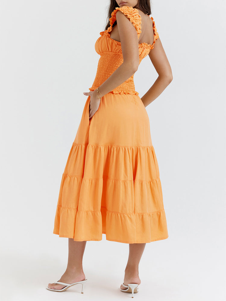 A-line Shirred Frill Trim Front Tie Midi Dress