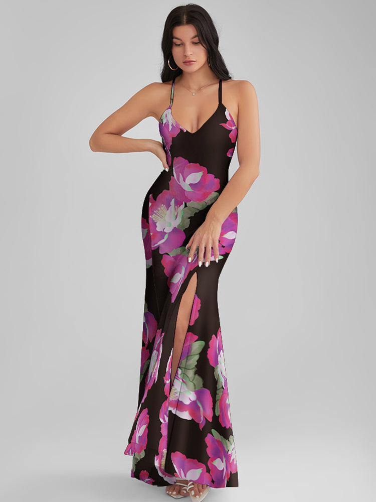 CATALINA Paeonia Print Backless Plunge Maxi Dress