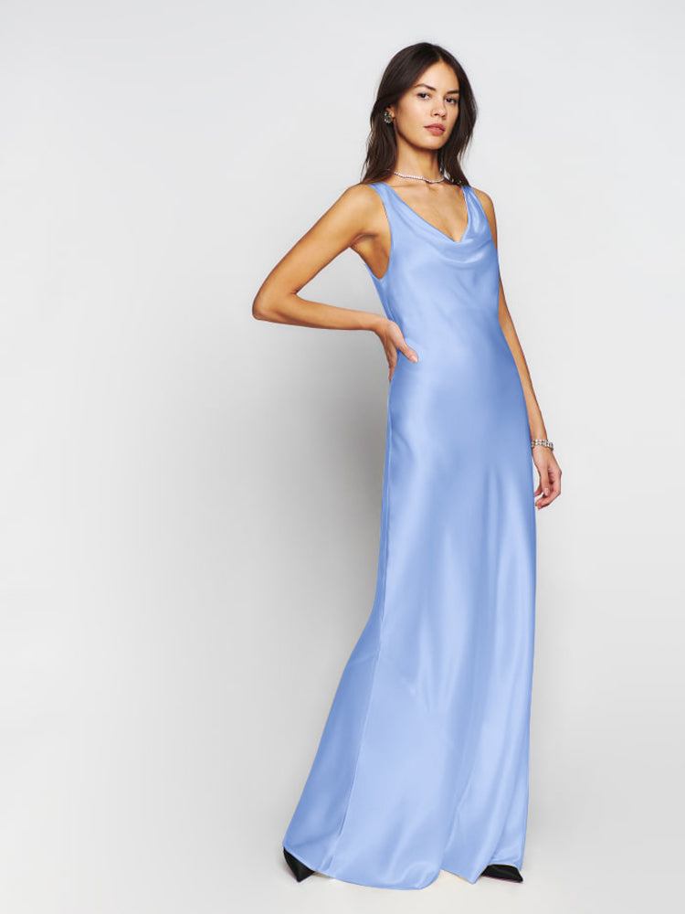 Scooped Cowl Neck Sleeveless Silk Dress