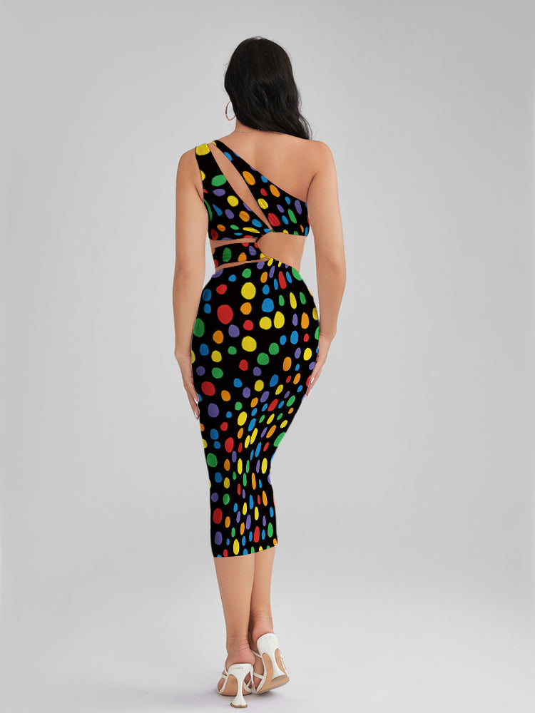 KINSLEY Painted Dots One Shoulder Cutout Midi Dress