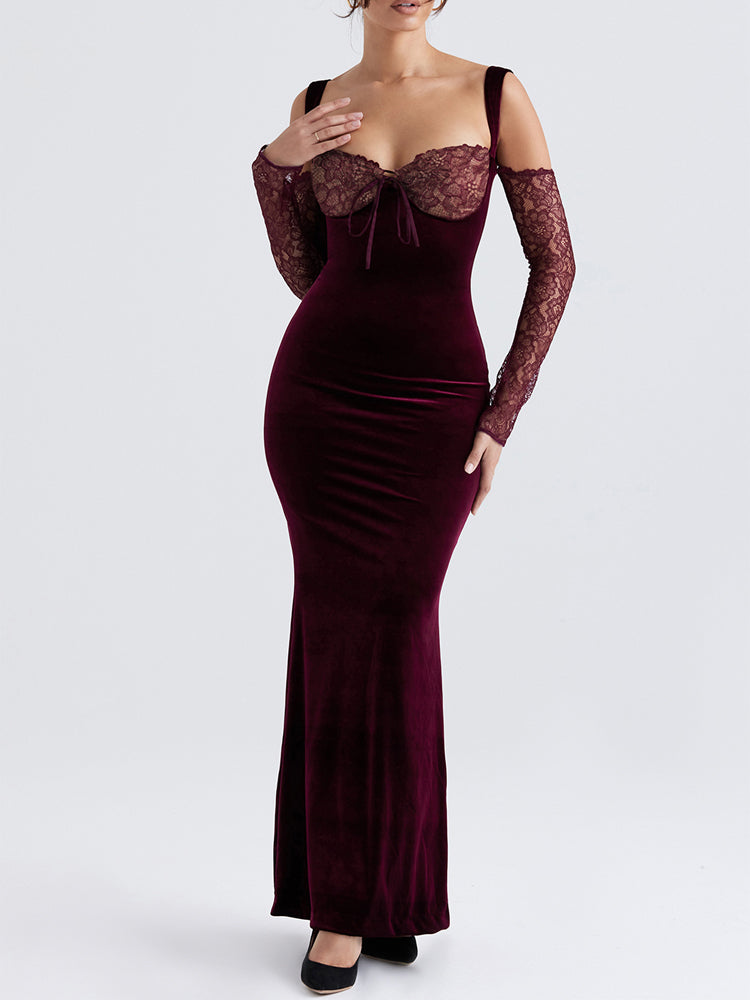 Black Cherry Velvet Lace Long Sleeve Maxi Dress