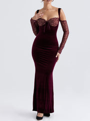 Black Cherry Velvet Lace Long Sleeve Maxi Dress