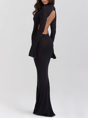 Black Knit Fluted Sleeves Backless Sheer Maxi Dress