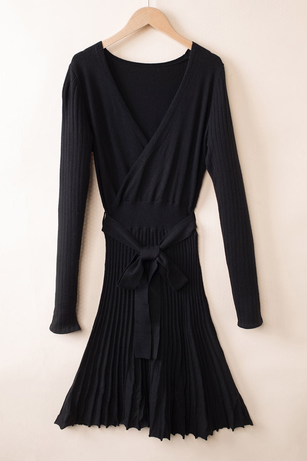 Black Belted V Neck Ribbed Pleated Sweater Dress