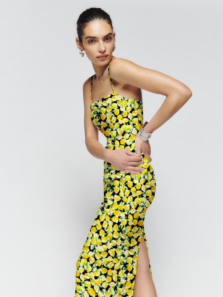 Lemon Print Smocking Back Slit Maxi Dress