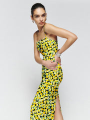 Lemon Print Smocking Back Slit Maxi Dress