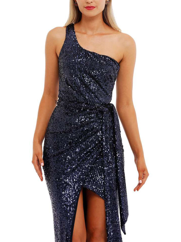 Sequin One Shoulder Side Sleeveless Slit Evening Gown