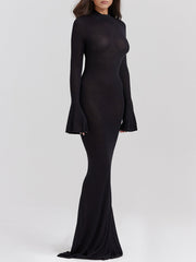 Black Knit Fluted Sleeves Backless Sheer Maxi Dress