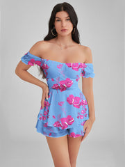 GLENDALE Periwinkle Print Satin Ruffle Strapless Mini Dress