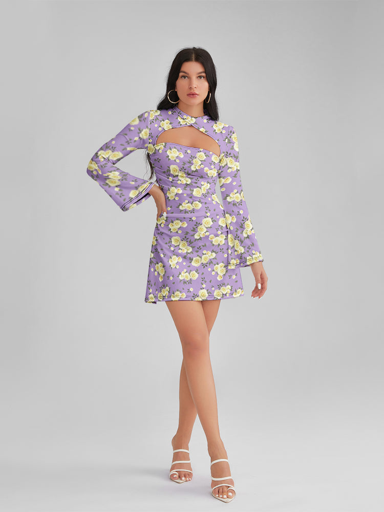 Emily In Paris Pattern Purple Floral Crew Neck Cutout Mini Dress