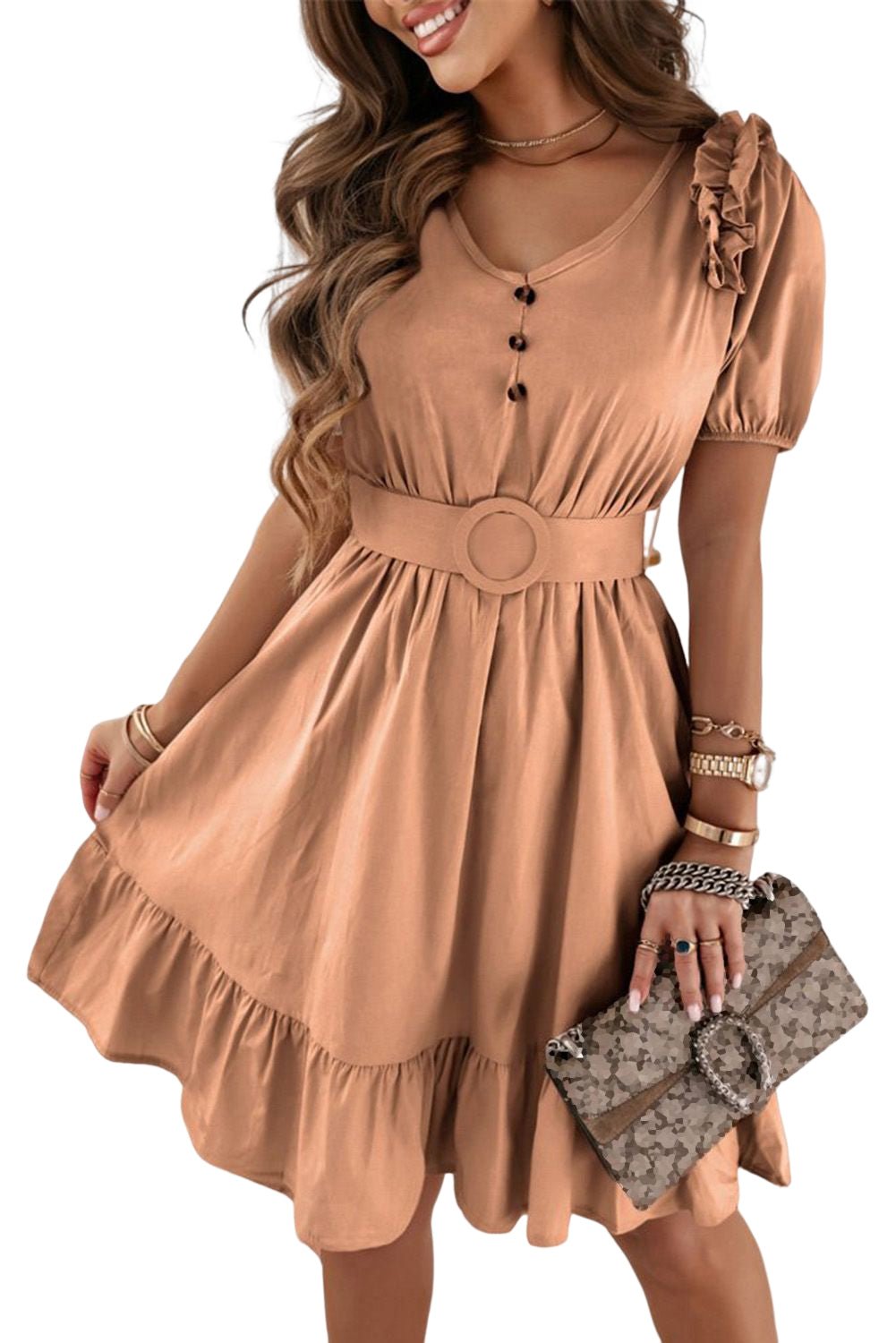 Brown V-Neck Ruffle Buttoned Midi Dress