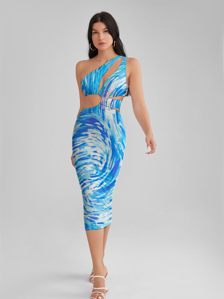 Starry Night Print One Shoulder Cutout Midi Dress