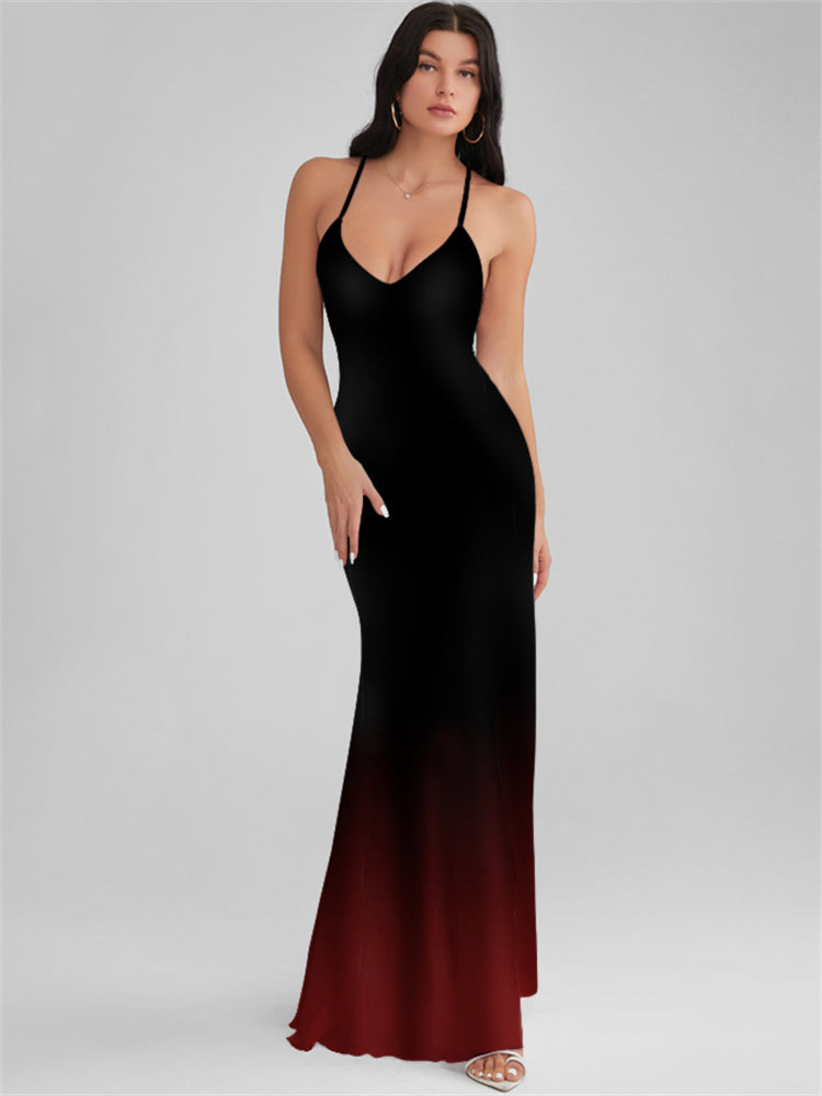 CATALINA Black Gradient Print Backless Plunge Maxi Dress