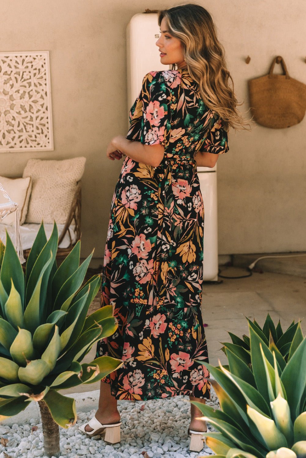 Floral Wrapped V Neck Maxi Dress