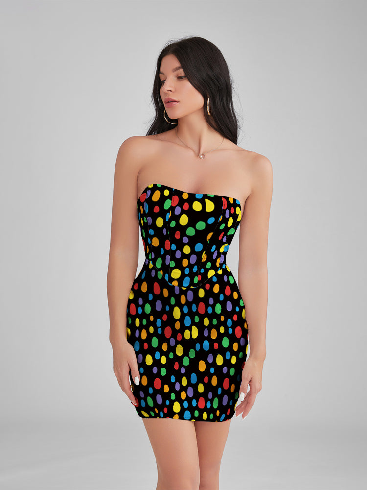 BEVERLY Painted Dots Satin Strapless Corset Mini Dress