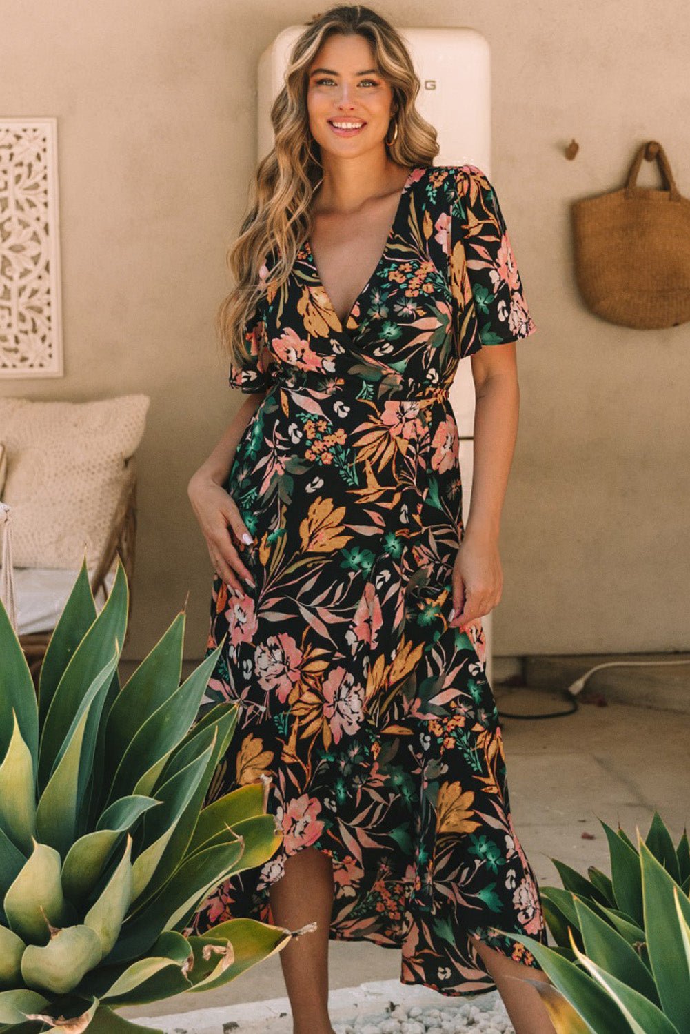 Floral Wrapped V Neck Maxi Dress