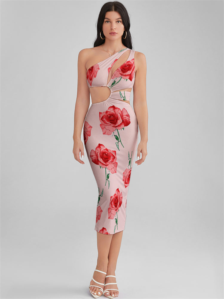 KINSLEY Misty Rose Print One Shoulder Cutout Midi Dress