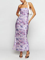 Aster Print Strapless Bandeau Neck Maxi Dress