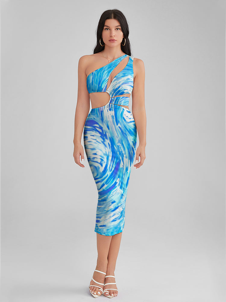 Starry Night Print One Shoulder Cutout Midi Dress