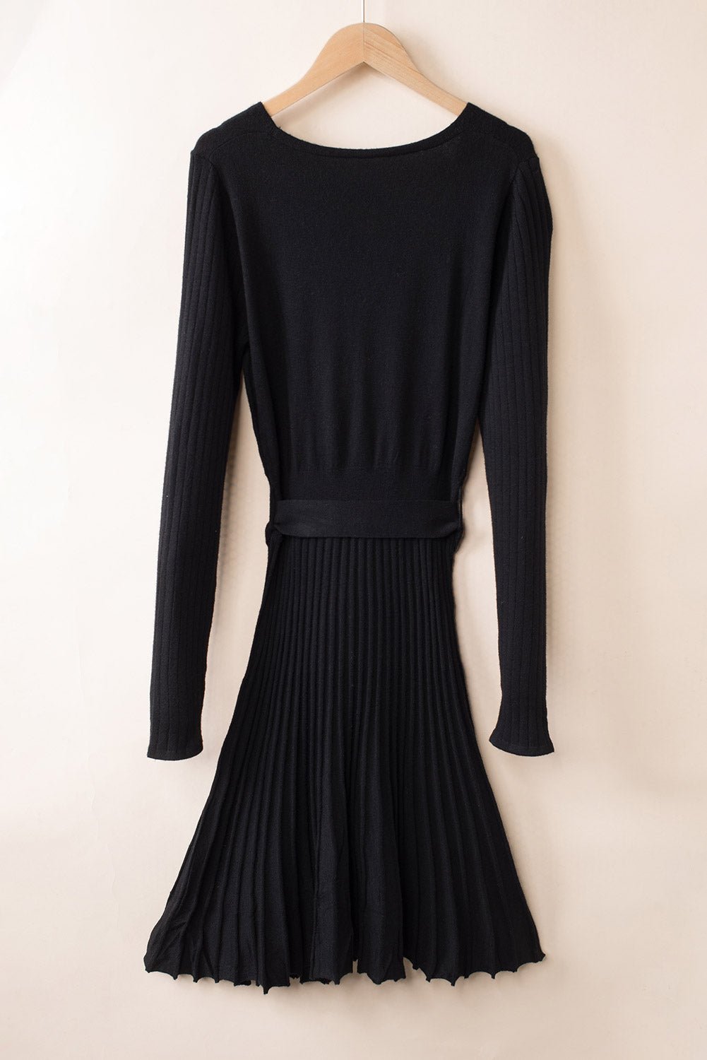 Black Belted V Neck Ribbed Pleated Sweater Dress