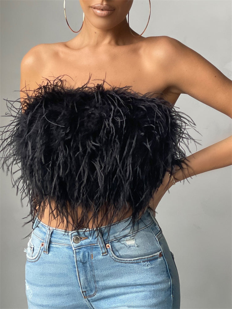 Strapless Women Feather Bandeau Crop Top