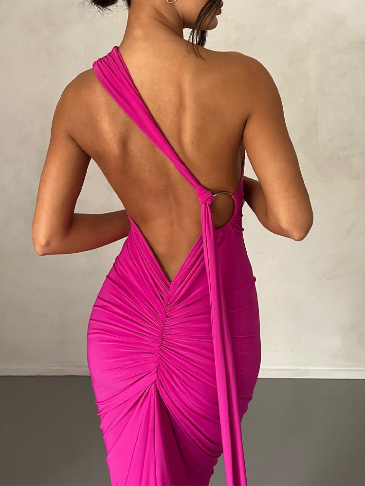 Elongated Sash Halter Sleeveless Open Back Maxi Dress