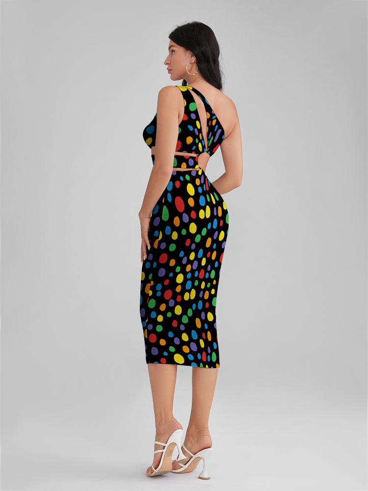 KINSLEY Painted Dots One Shoulder Cutout Midi Dress