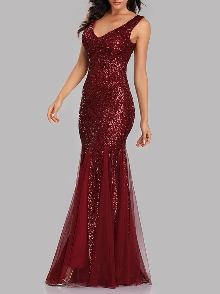 Sequin Tulle V-Neck Mermaid Floor Length Prom Dresses