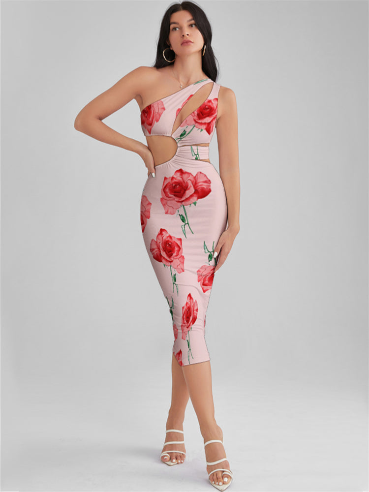 KINSLEY Misty Rose Print One Shoulder Cutout Midi Dress