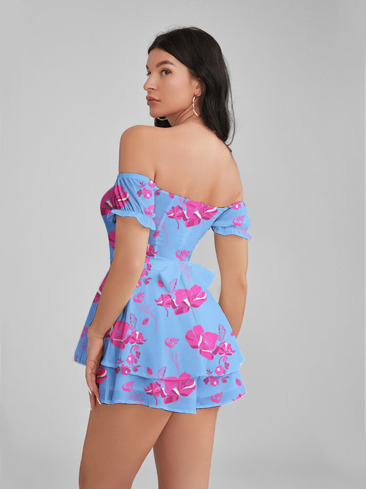 GLENDALE Periwinkle Print Satin Ruffle Strapless Mini Dress