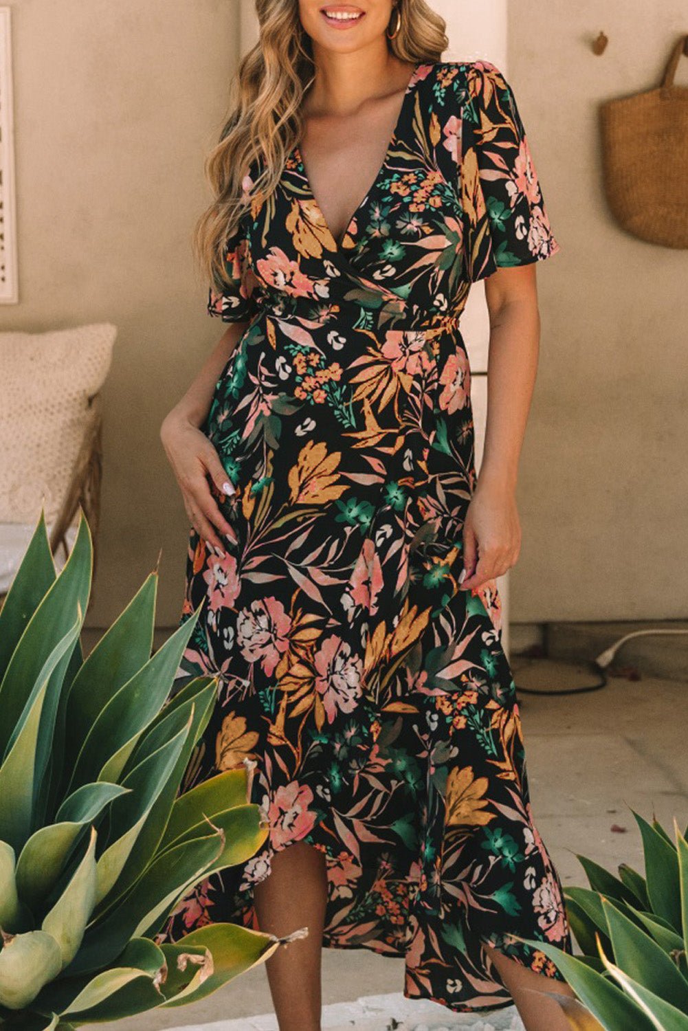 Floral Wrapped V Neck Maxi Dress