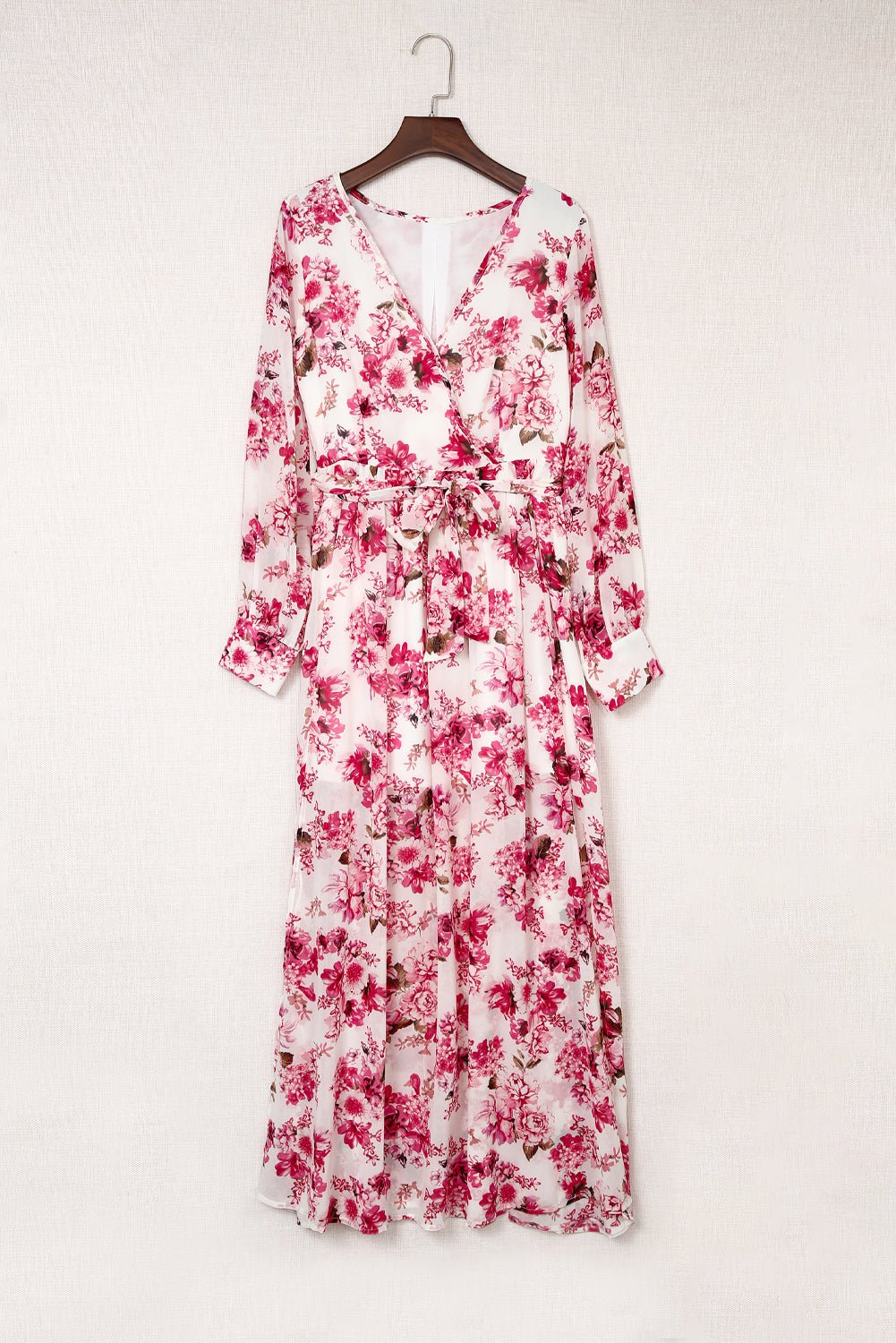 Pink Wrap V Neck Floral Maxi Dress