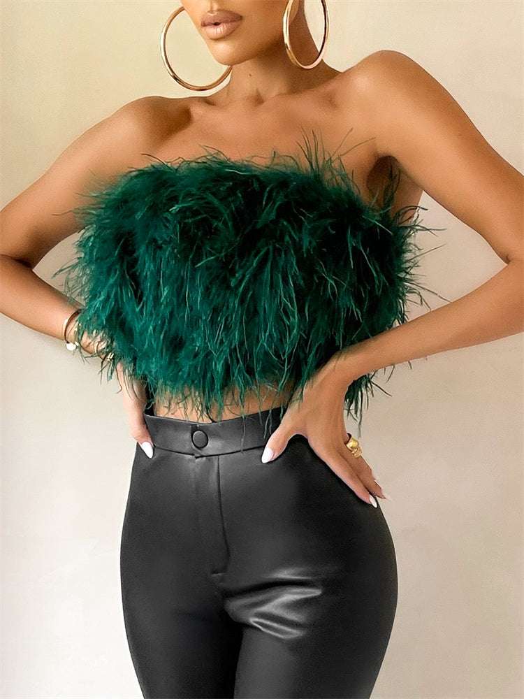 Strapless Women Feather Bandeau Crop Top