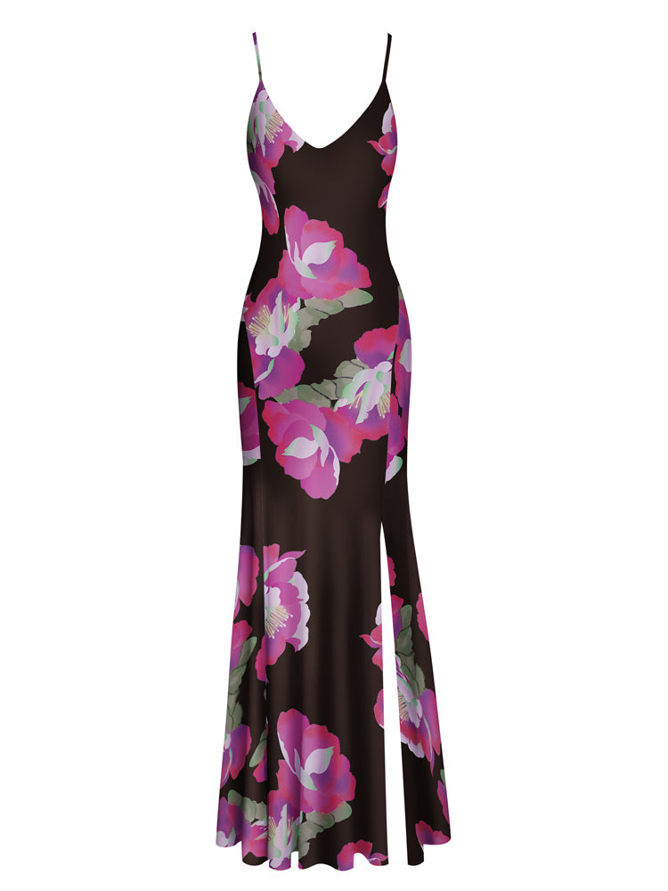 CATALINA Paeonia Print Backless Plunge Maxi Dress