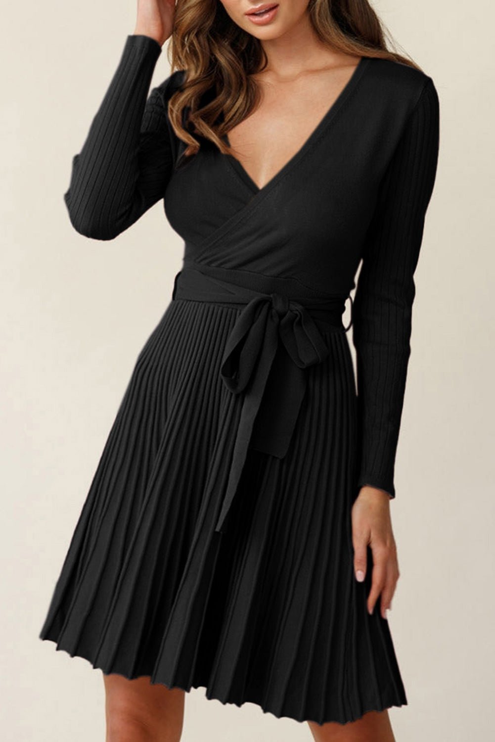 Black Belted V Neck Ribbed Pleated Sweater Dress