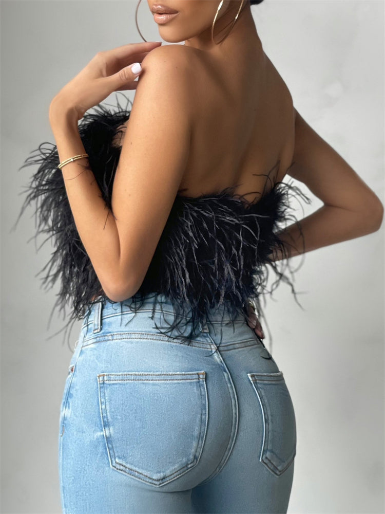 Strapless Women Feather Bandeau Crop Top