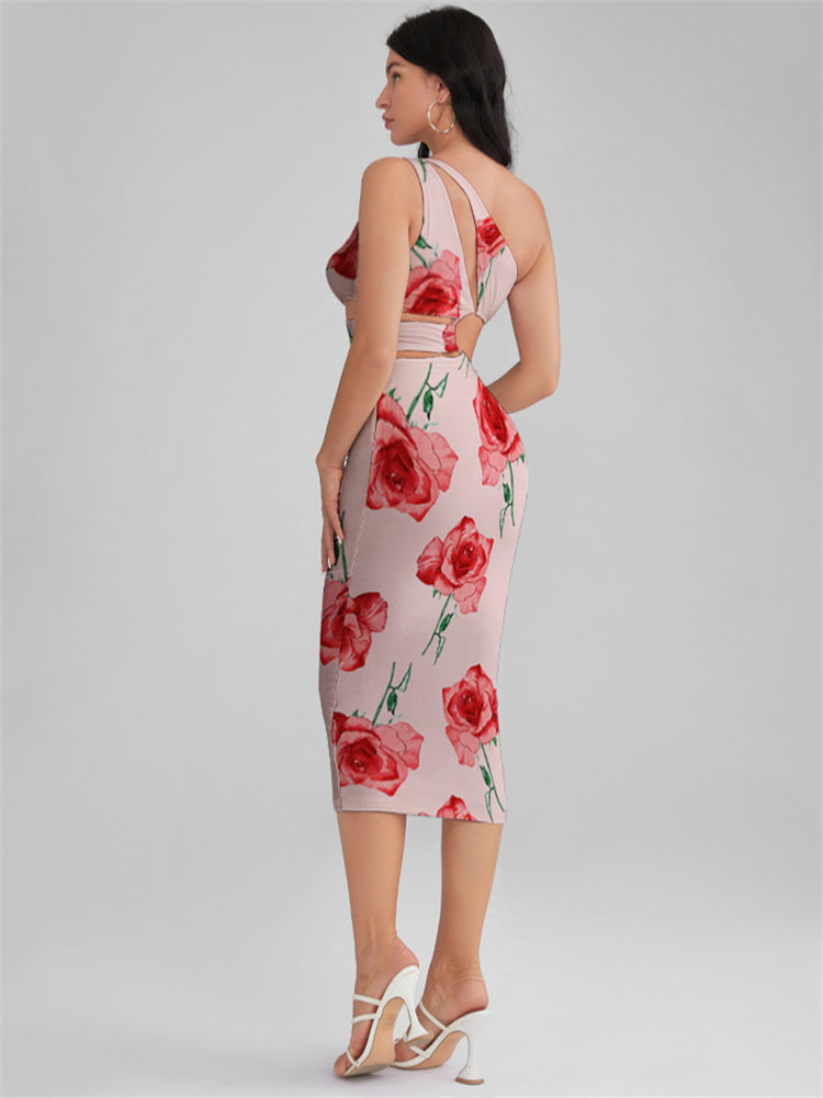 KINSLEY Misty Rose Print One Shoulder Cutout Midi Dress