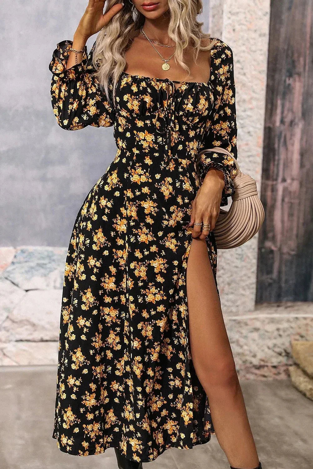 Black Floral Slit Dress