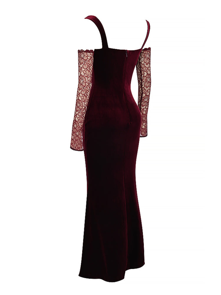 Black Cherry Velvet Lace Long Sleeve Maxi Dress