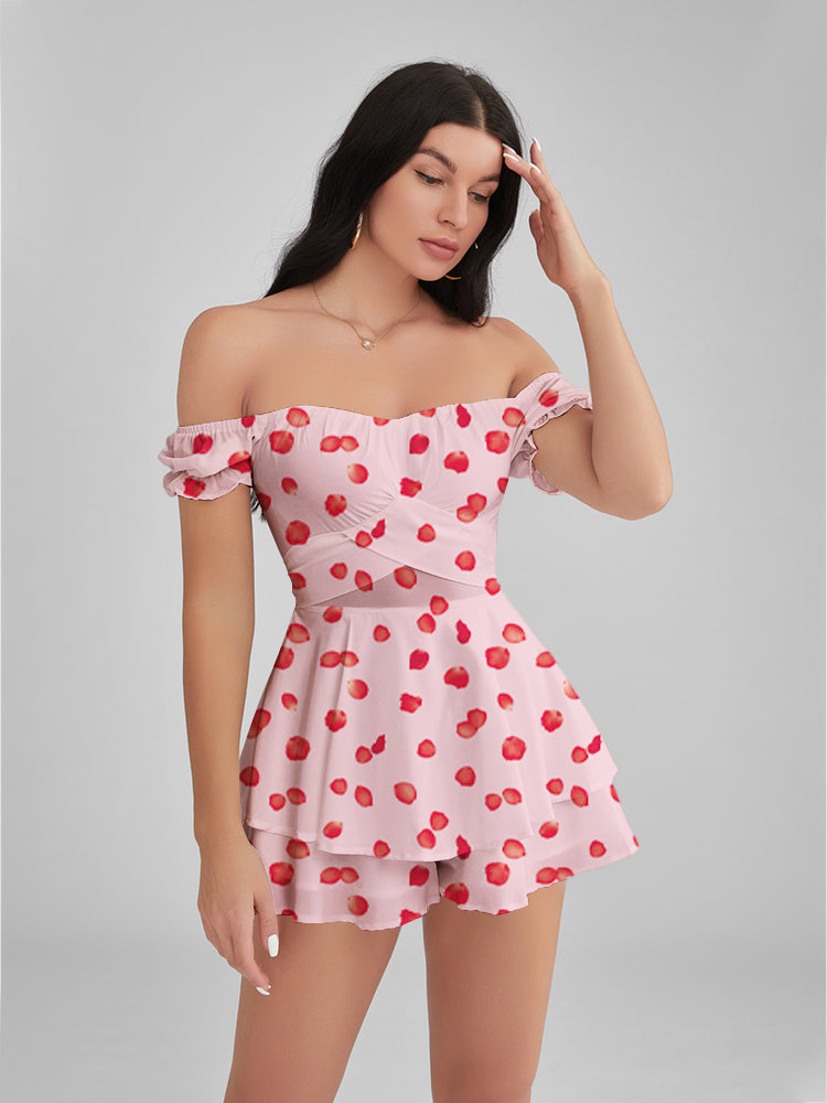 Emily In Paris Pattern Valentines Petal Print Satin Ruffle Strapless Mini Dress