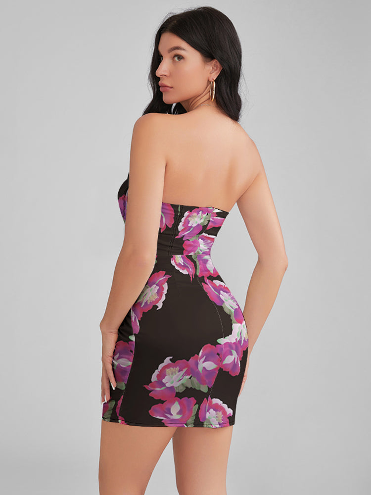 BEVERLY Paeonia Print Satin Strapless Corset Mini Dress