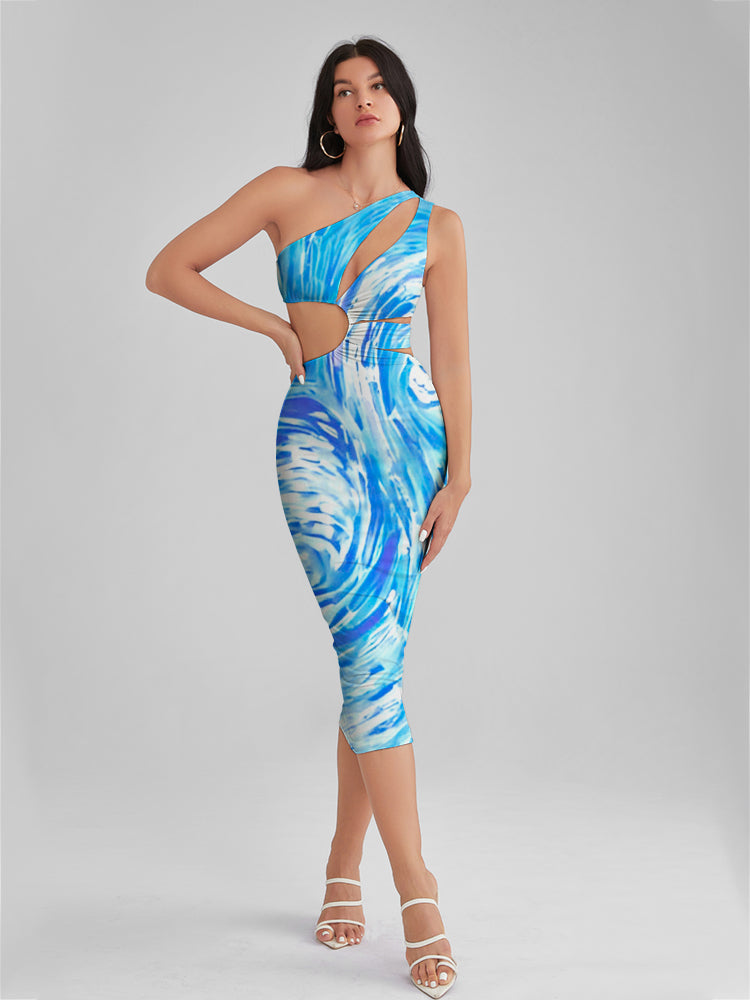 Starry Night Print One Shoulder Cutout Midi Dress