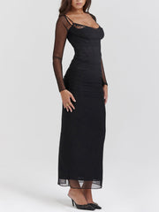 Black Mesh Long Sleeves Lace Trim Maxi Dress