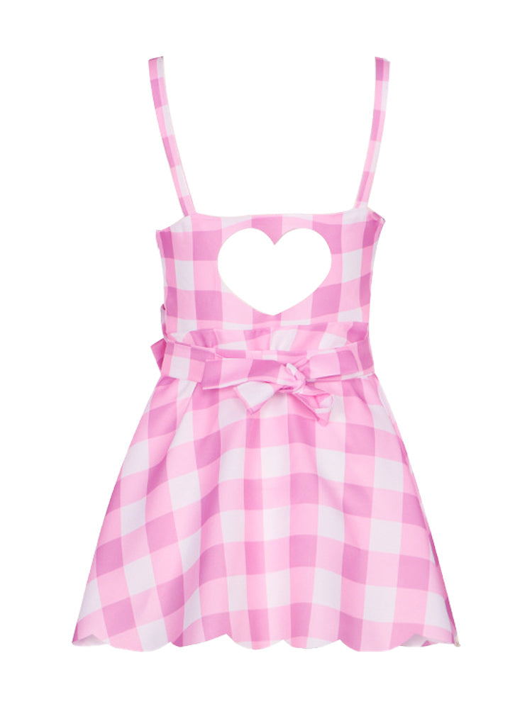 Barbie Pink Plaid Printed Bow Tie Mini Dress