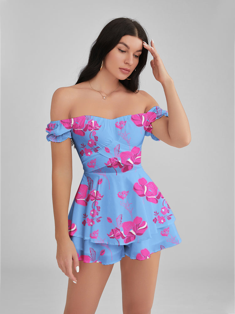 GLENDALE Periwinkle Print Satin Ruffle Strapless Mini Dress