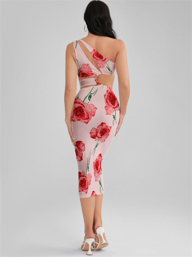 KINSLEY Misty Rose Print One Shoulder Cutout Midi Dress