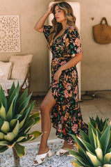 Floral Wrapped V Neck Maxi Dress