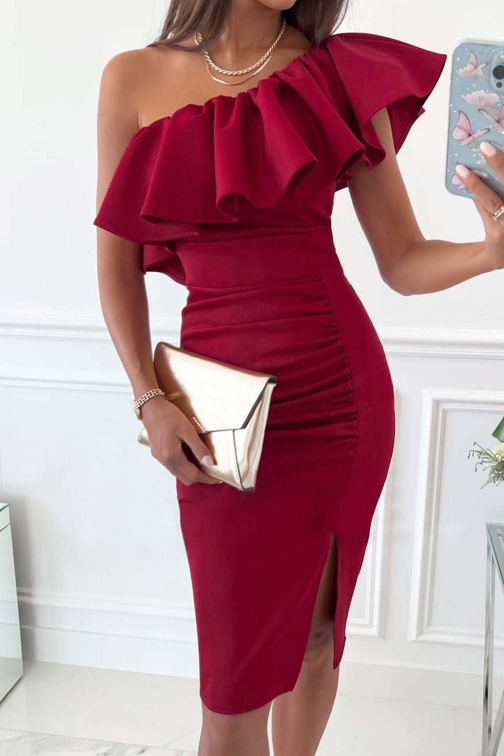 One Shoulder Ruched Slit Bodycon Dress