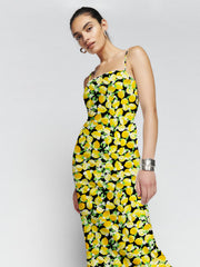 Lemon Print Smocking Back Slit Maxi Dress