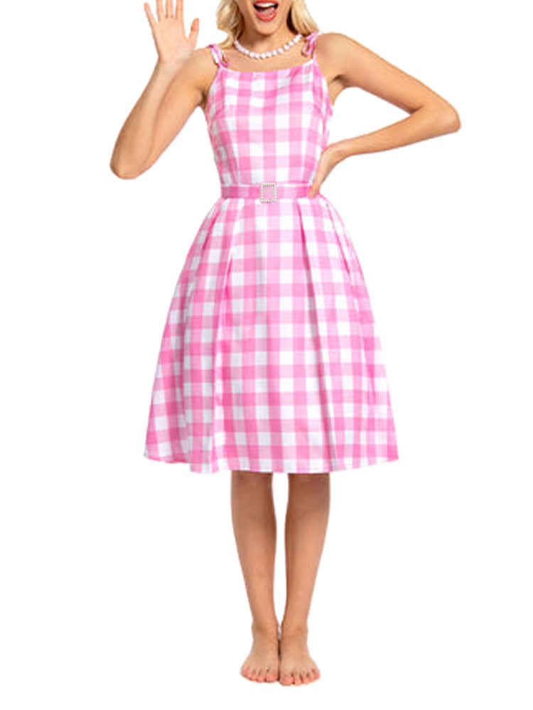 Barbie Pink Plaid Printed Cami Midi Dress